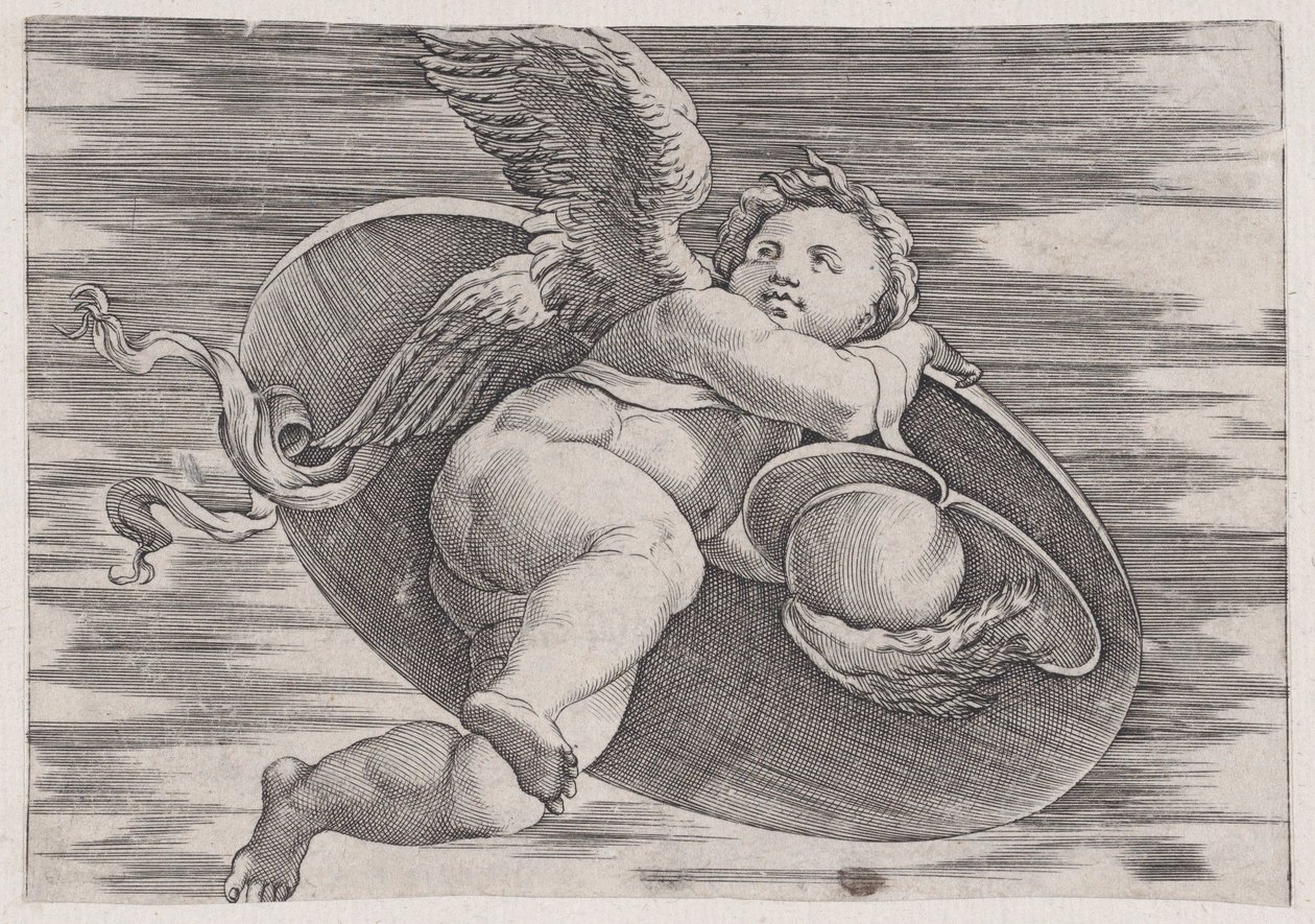 Eros Adamın Kalkanını Çalıyor, yakl. 1514-36. by Agostino Veneziano