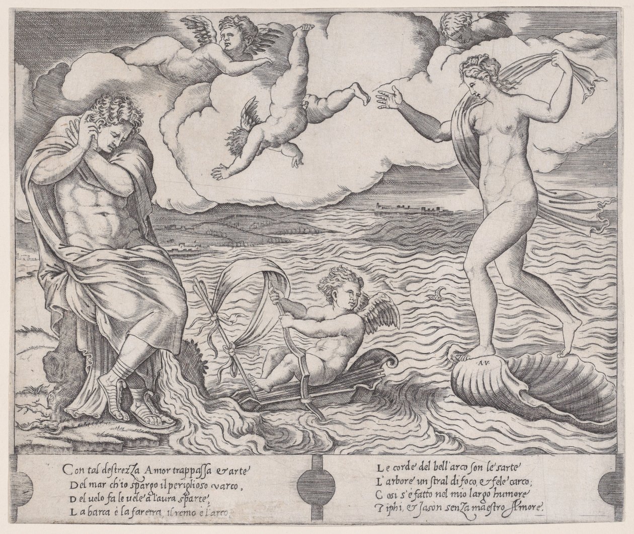 Denizde Eros, yak. 1514-36. by Agostino Veneziano