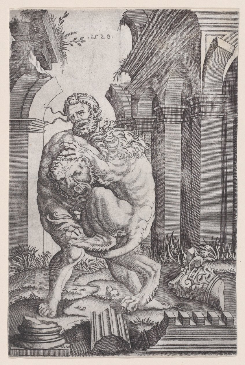Herkül Nemea Aslanını Boğuyor, 1528 tarihli. by Agostino Veneziano