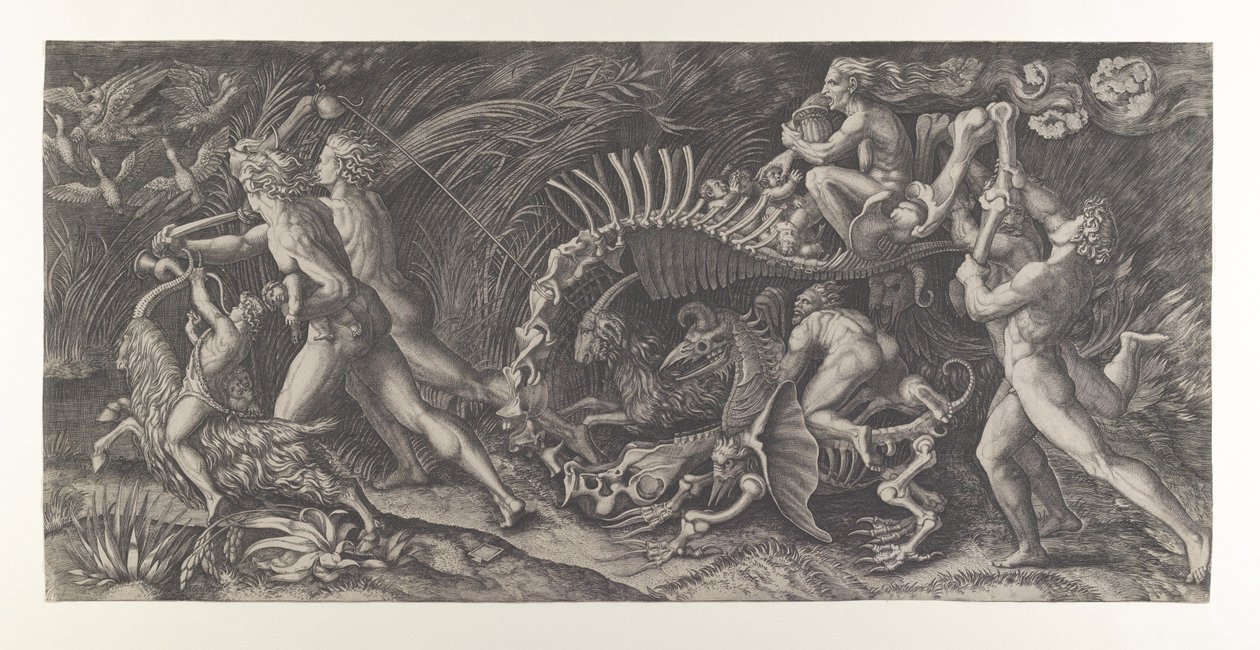 Lo Stregozzo: Bir hayvan iskeletine binen bir dişi cadı, önünde iki erkek ve ..., yaklaşık. 1515-25. by Agostino Veneziano