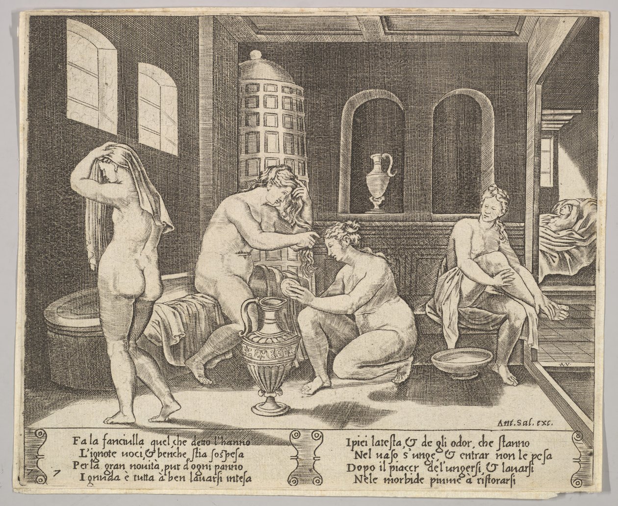 Levha 7: Periler tarafından banyosuna katılan Psyche, arka planda sağ Psyche repr..., ca. 1520-36. by Agostino Veneziano