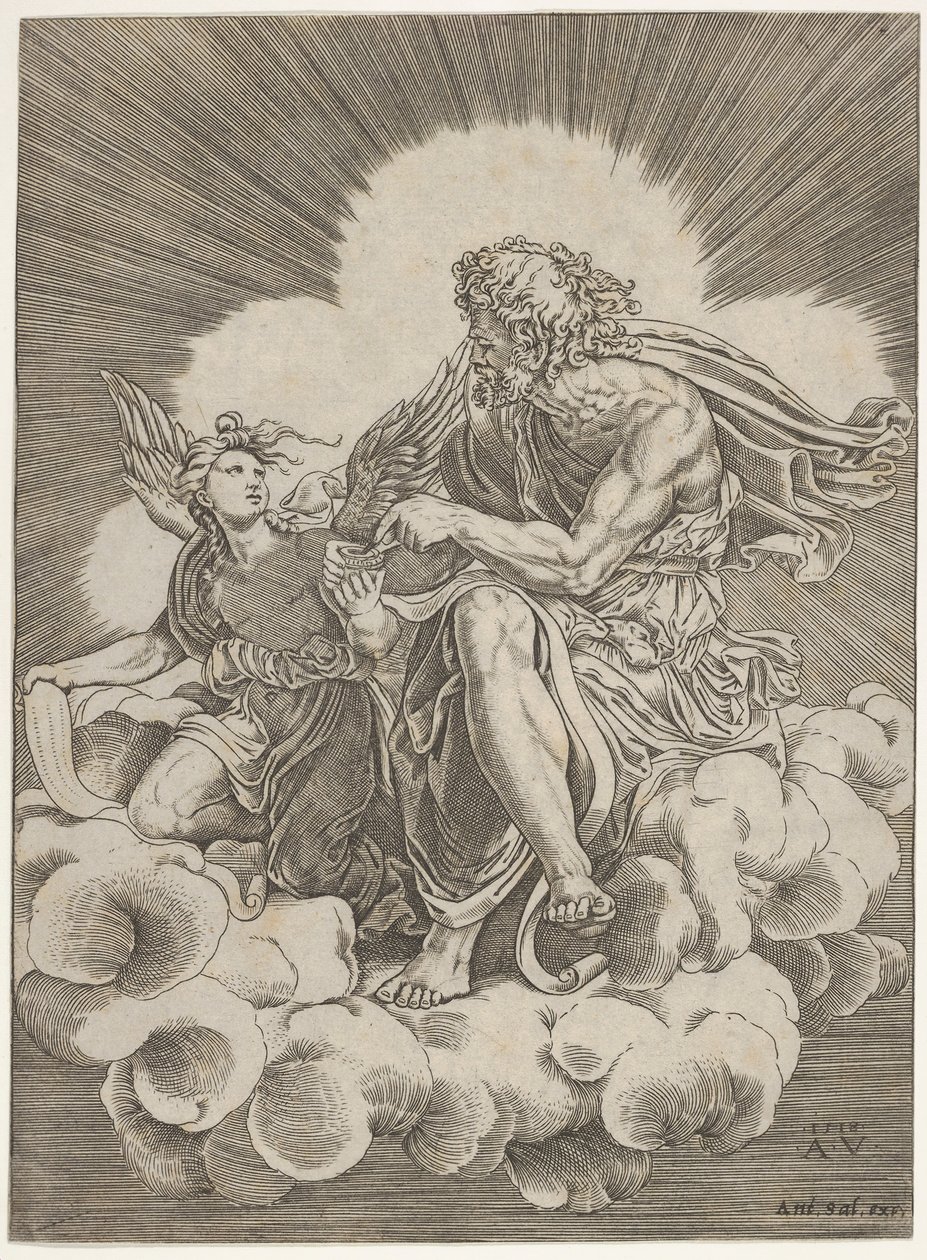 Aziz Matta, bir bulutun üzerinde oturuyor ve bir tüy kalemi bir meleğin tuttuğu hokkanın içine daldırıyor..., ca. 1518-20. by Agostino Veneziano