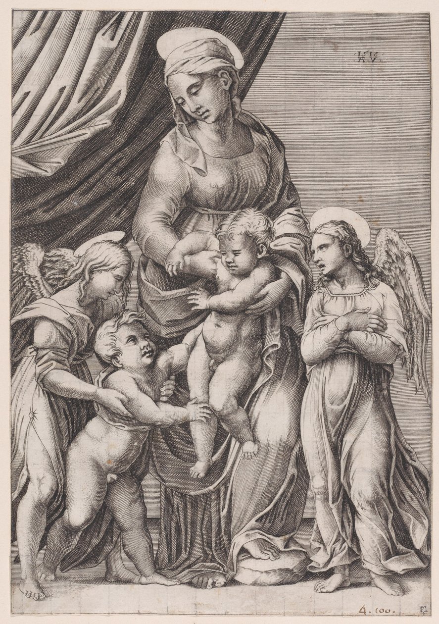 Bakire, Bebek İsa, Bebek Aziz John ve İki Melek, 1516 tarihli. by Agostino Veneziano