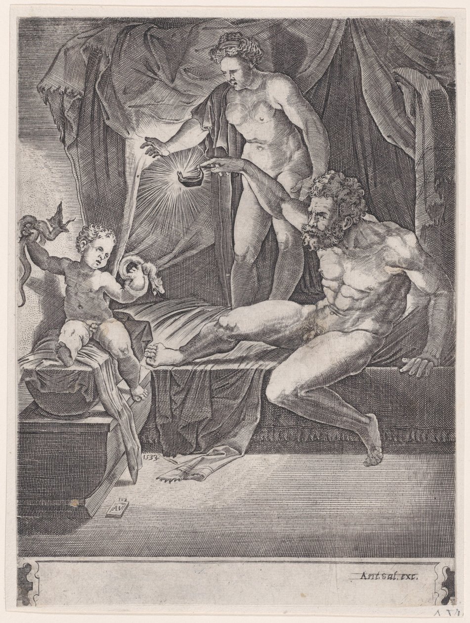 Beşiğindeki Genç Herkül, 1533 tarihli. by Agostino Veneziano