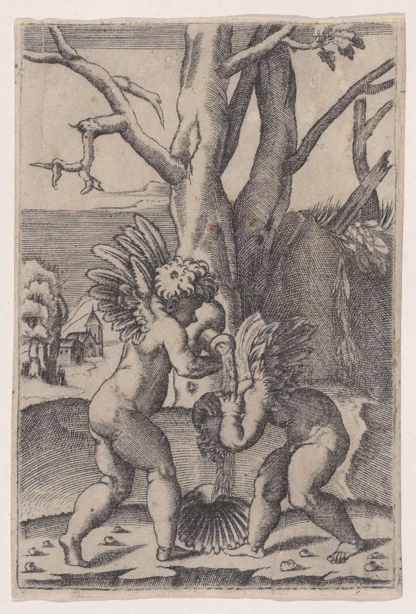 İki Aşk Tanrısı, ca. 1519. by Agostino Veneziano