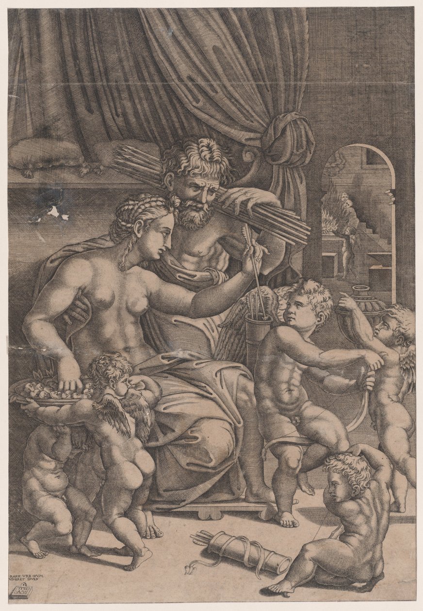 Venüs ve Vulcan, 1530 tarihli Cupids ile çevrili. by Agostino Veneziano
