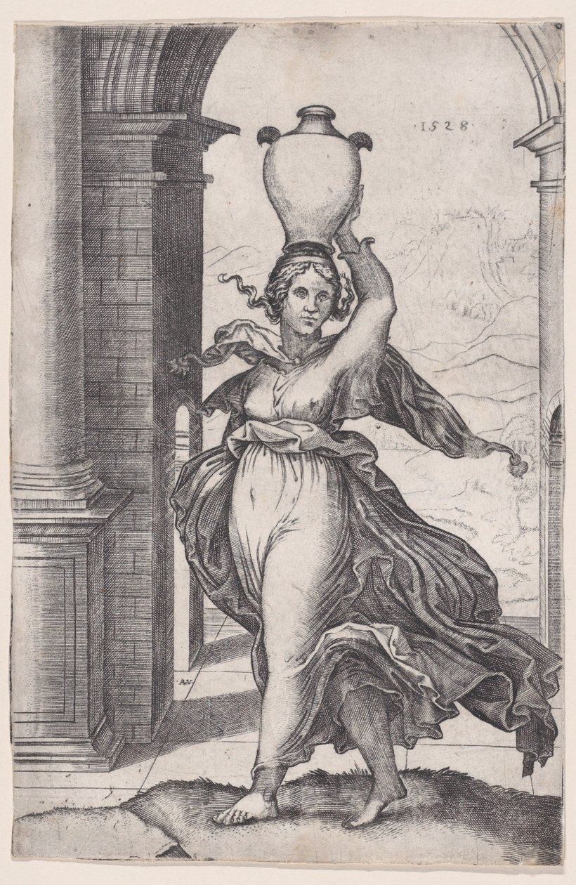 1528 tarihli, 1528 tarihli, Başında Vazo Taşıyan Kadın. by Agostino Veneziano