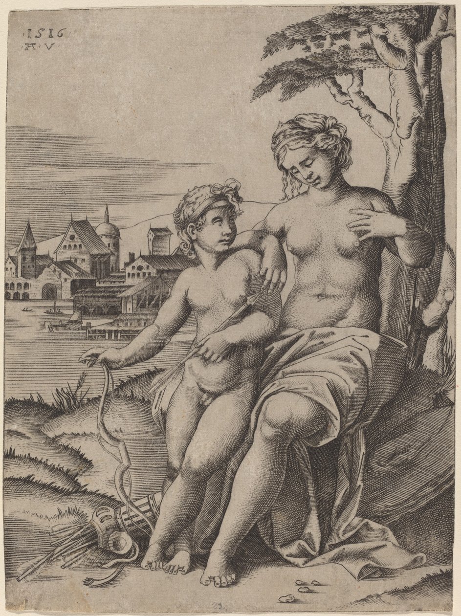Venüs ve Aşk Tanrısı by Agostino dei Musi after Raphael