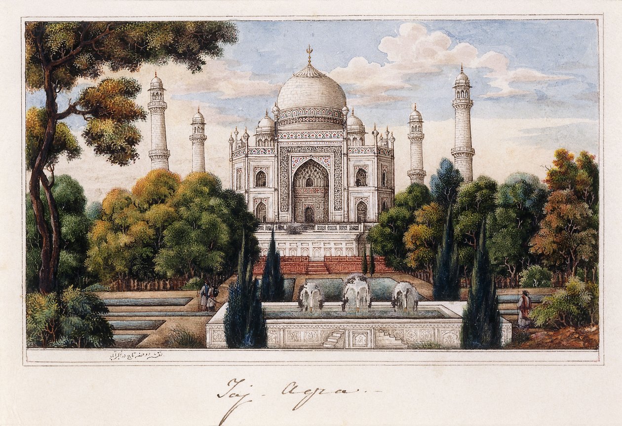 Bahçeden Tac Mahal, 1840 civarı (kalem ve gri mürekkep, w/c, beyaz dokunuşlarla güçlendirilmiş) by Agra School