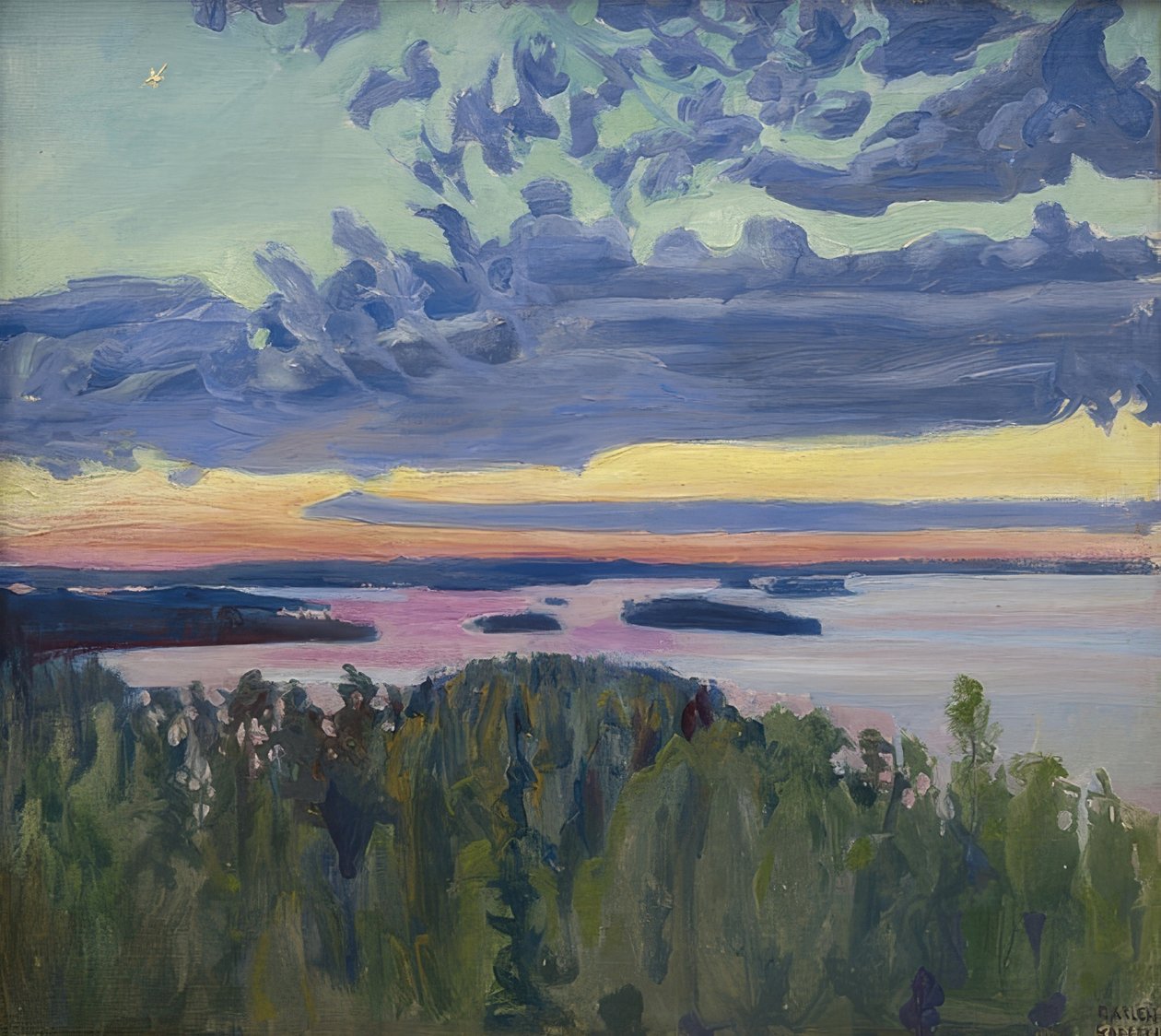 Gölün üzerinde gün batımı by Akseli Valdemar Gallen Kallela