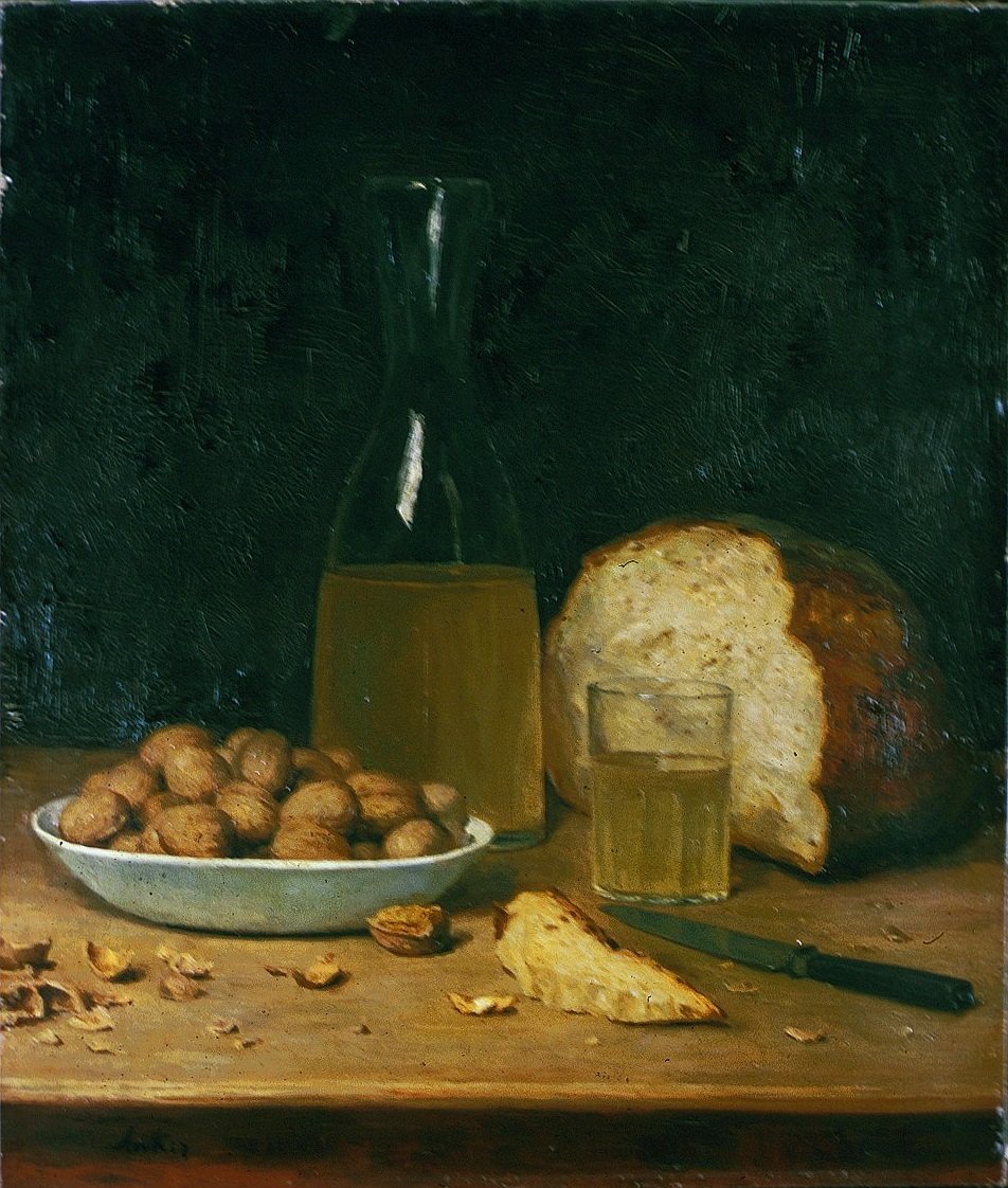 Yeni beyaz şarap ve fındık by Albert Anker