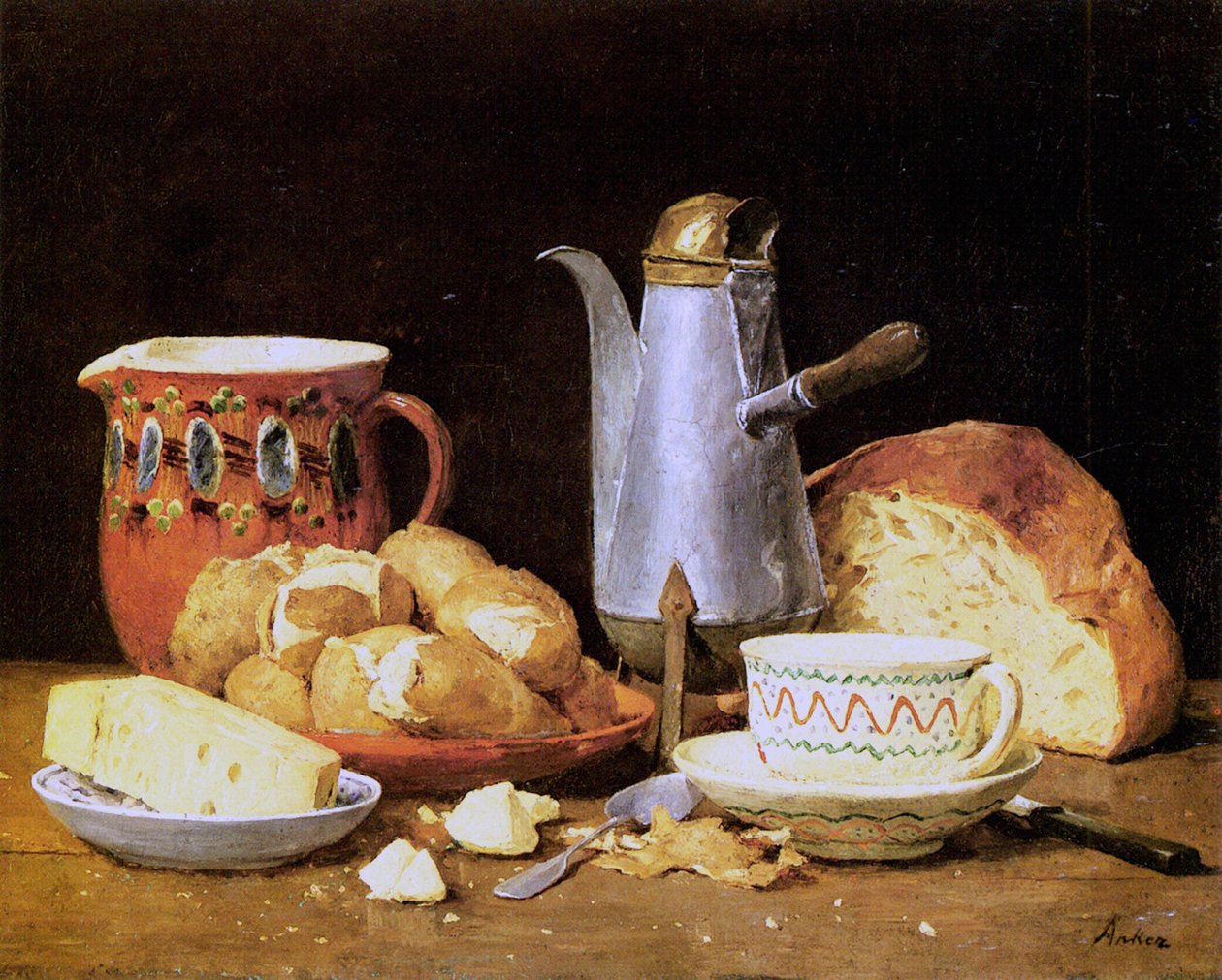 Kahve, Ekmek ve Patatesli Natürmort by Albert Anker