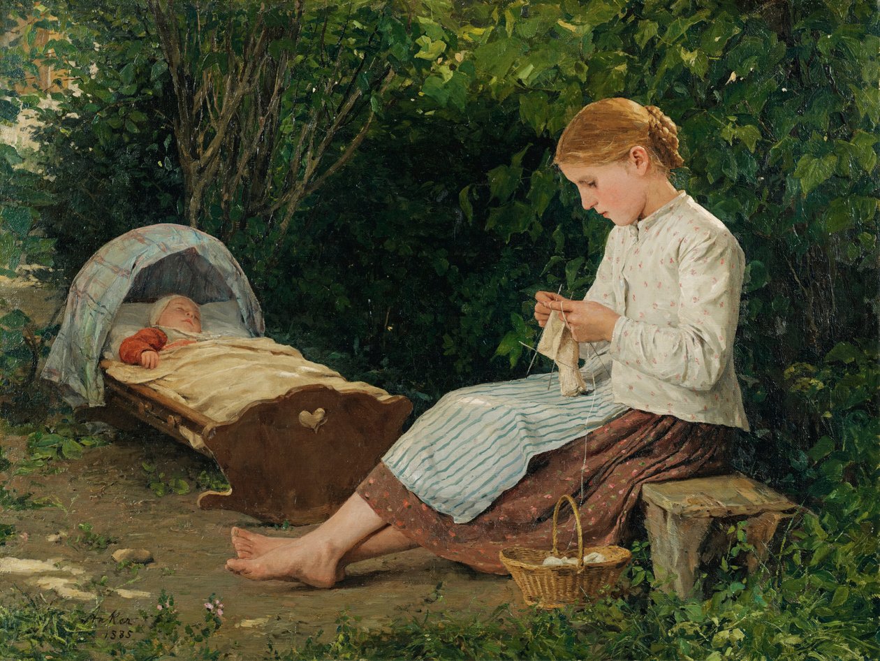 Örgü kız, beşikte yürümeye başlayan çocuk by Albert Anker