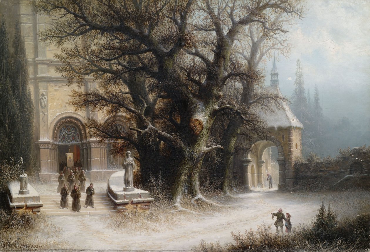 Karla kaplı bir manastır kompleksinde geçit töreni by Albert Bredow