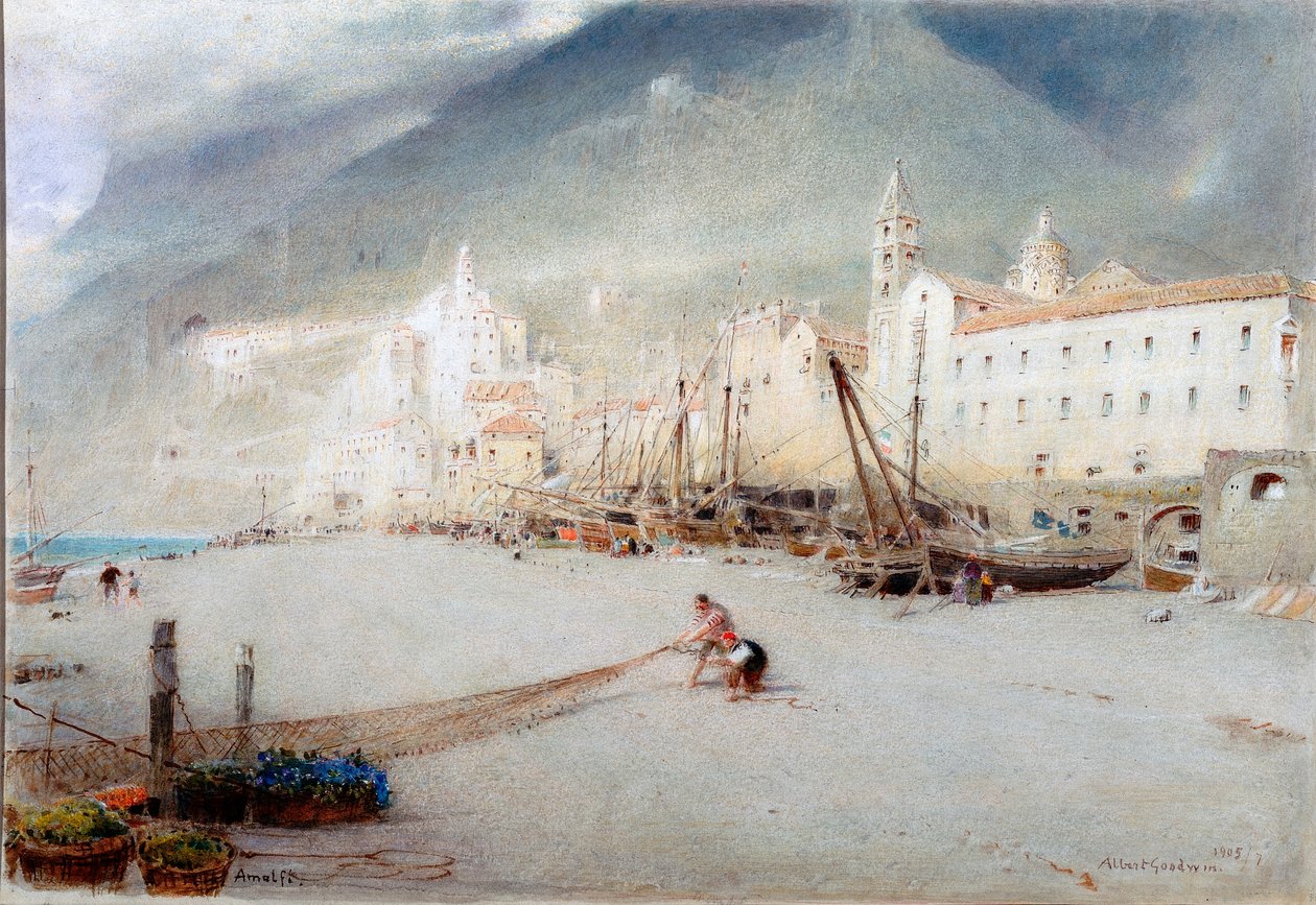 Amalfi (kağıt üzerine kurşun kalem ve sulu boya (gemiye yapıştırılır)) by Albert Goodwin