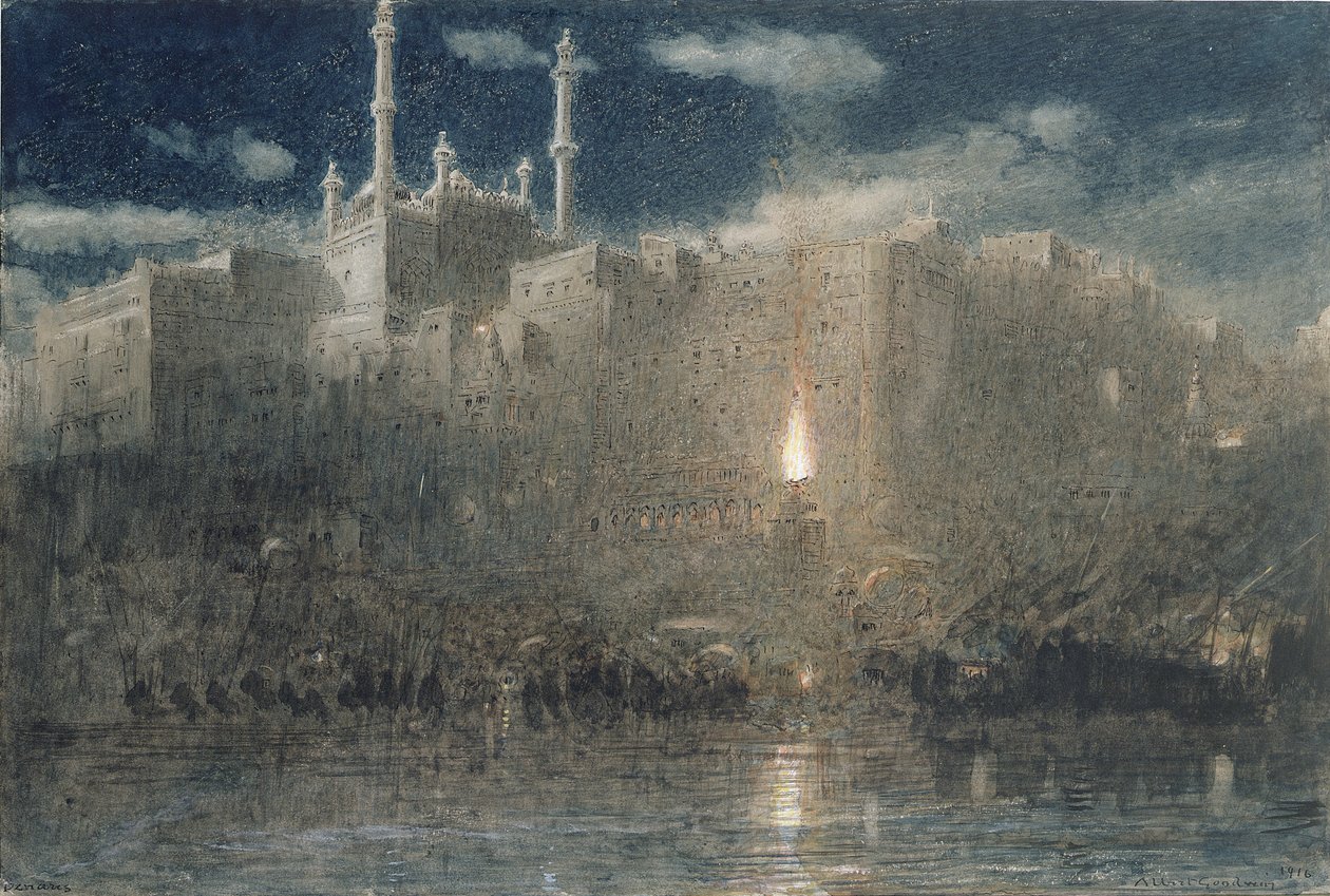 Benares by Moonlight, 1916 (pen & ink with wc & bodycolour on paper) by Albert Goodwin