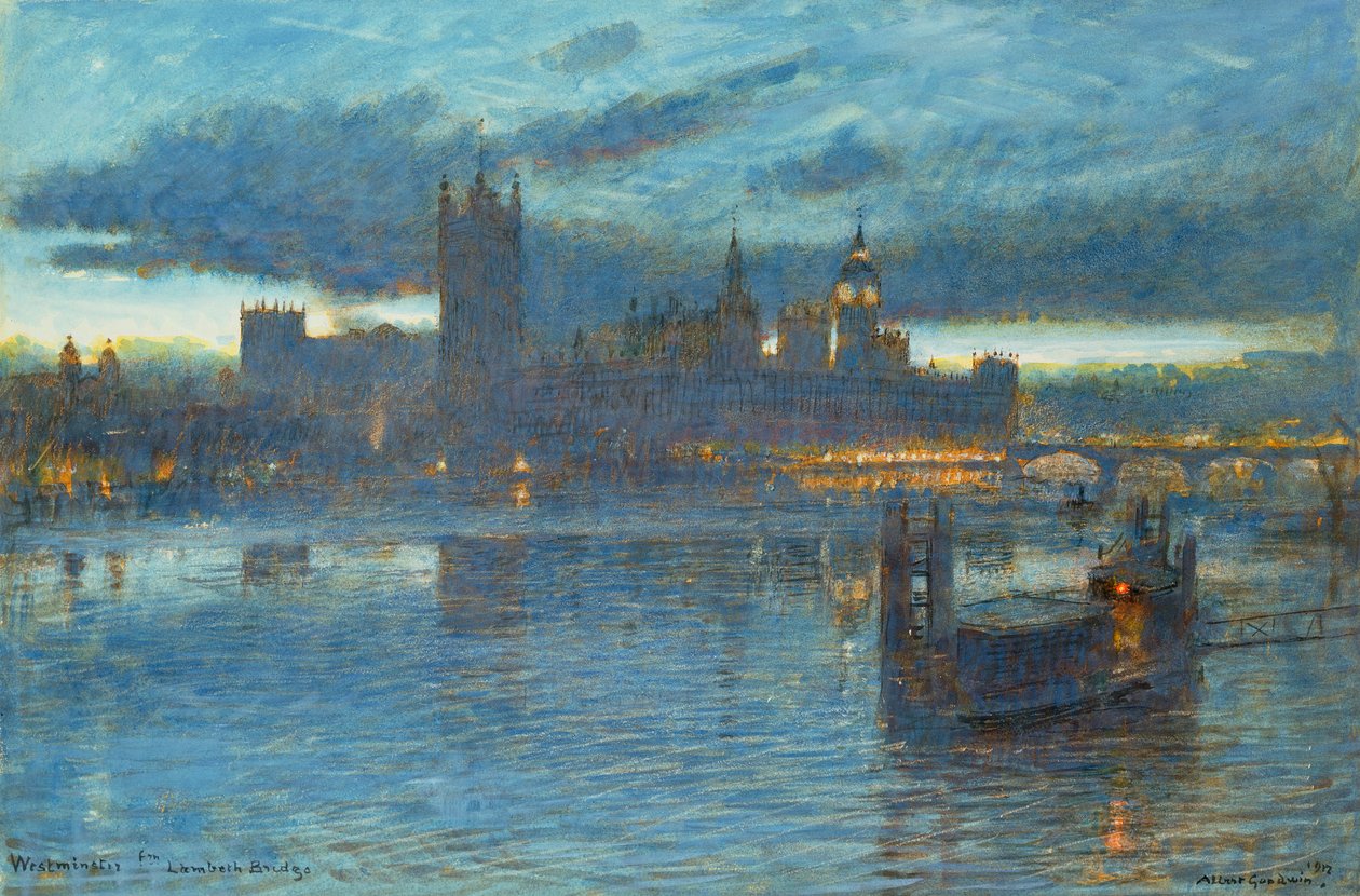 Westminster from Lambeth Bridge, 1912 (pen & ink with wc on paper) by Albert Goodwin
