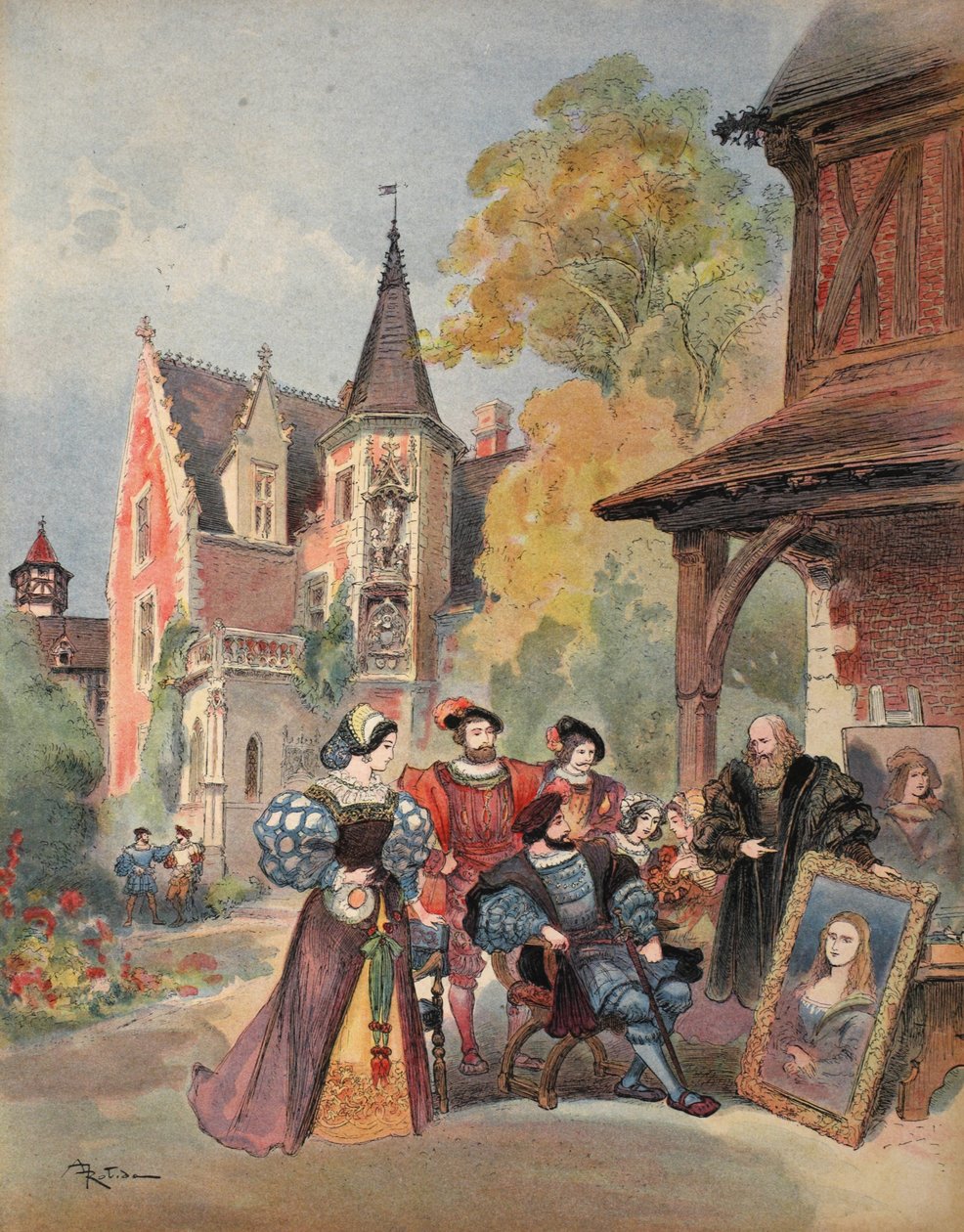 Leonardo da Vinci, Mona Lisa'yı I. Francis'e veriyor, George G. Toudouze'nin yazdığı 'Francois Ier: Le Roi Chevalier, pub'dan bir çizim. 1909 by Albert Robida