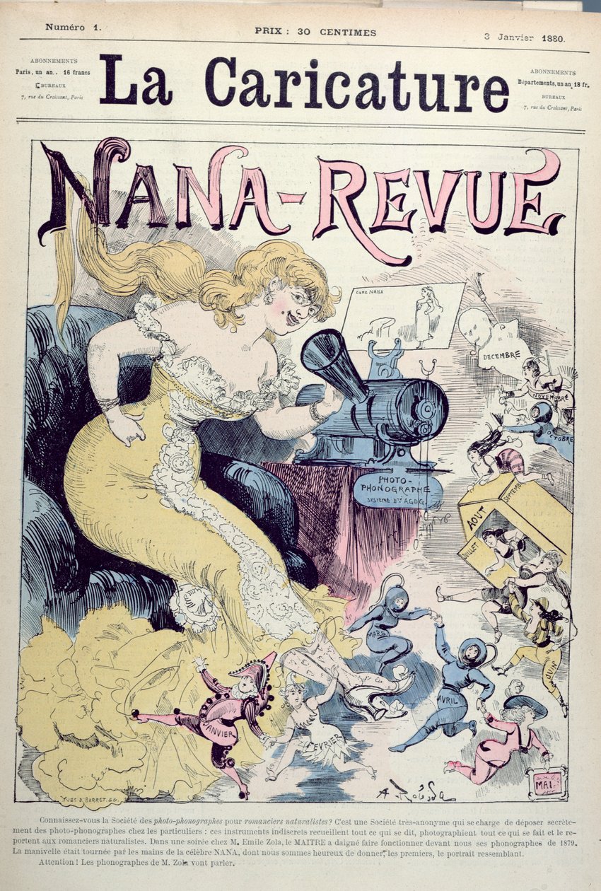 Emile Zola'nın eserlerinin karikatürü ve realist romanlardan 'Nana-Revue', 'La Caricature'dan, 3 Ocak 1880 by Albert Robida