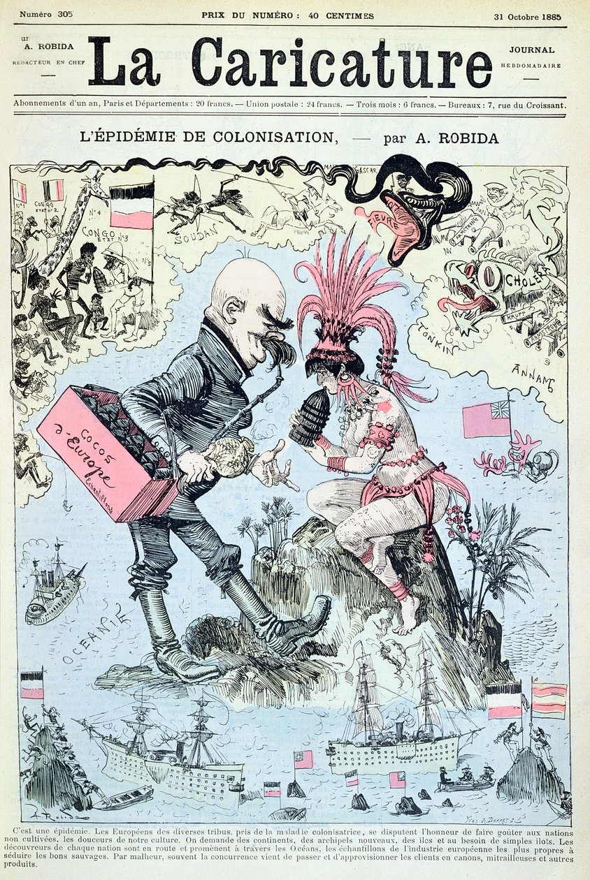 Yves und Barret tarafından kazınmış 'La Caricature'dan Kolonizasyon Salgını, 31 Ekim 1885 by Albert Robida