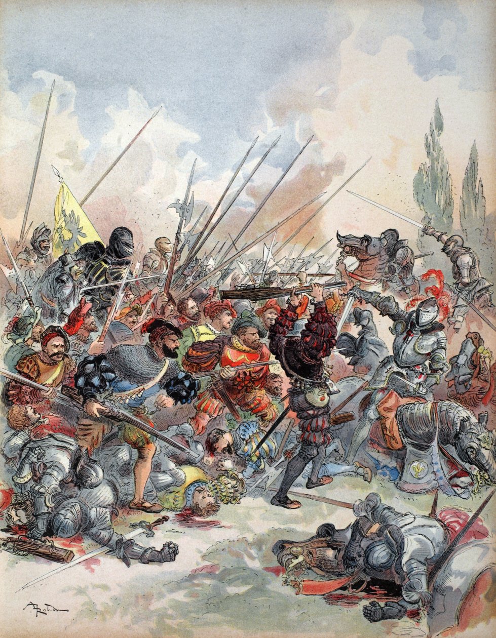 Pavia Savaşı'ndaki Kral, 'Francois Ier: Le Roi Chevalier, George G. Toudouze, pub'dan çizim. 1909 by Albert Robida