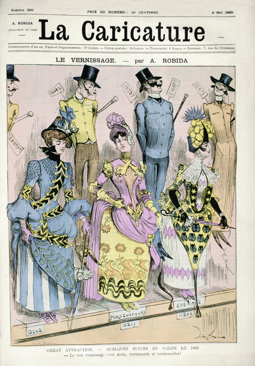 'Vernikleme günü', 'La Caricature' dergisinin kapak resmi, 9 Mayıs 1885 (renkli gravür) by Albert Robida