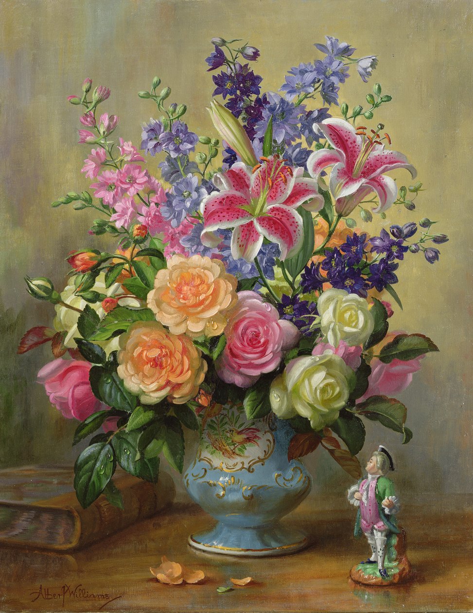 AB250 Güller, Zambaklar ve Delphiniums Natürmort by Albert Williams