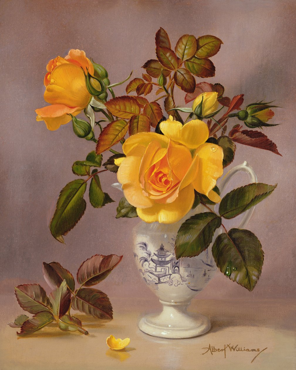 Orange Roses in a blue and white jug  by Albert Williams