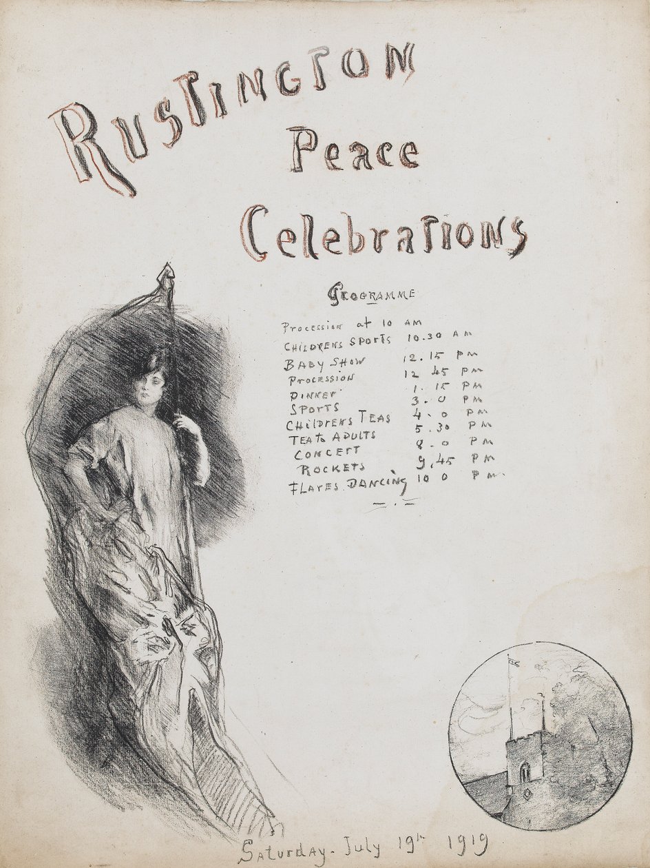Barış Kutlamaları, Rustington, 1919 (sanguine vurgulu litografik mum boya) by Albert de Belleroche