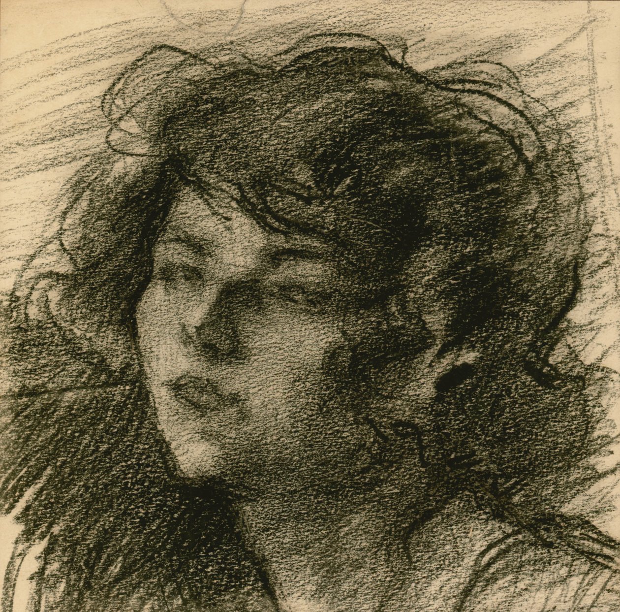 Genç bir kadının portresi, çenesi hafifçe kalkık, c.1900 (siyah tebeşir ve litografik pastel boya) by Albert de Belleroche