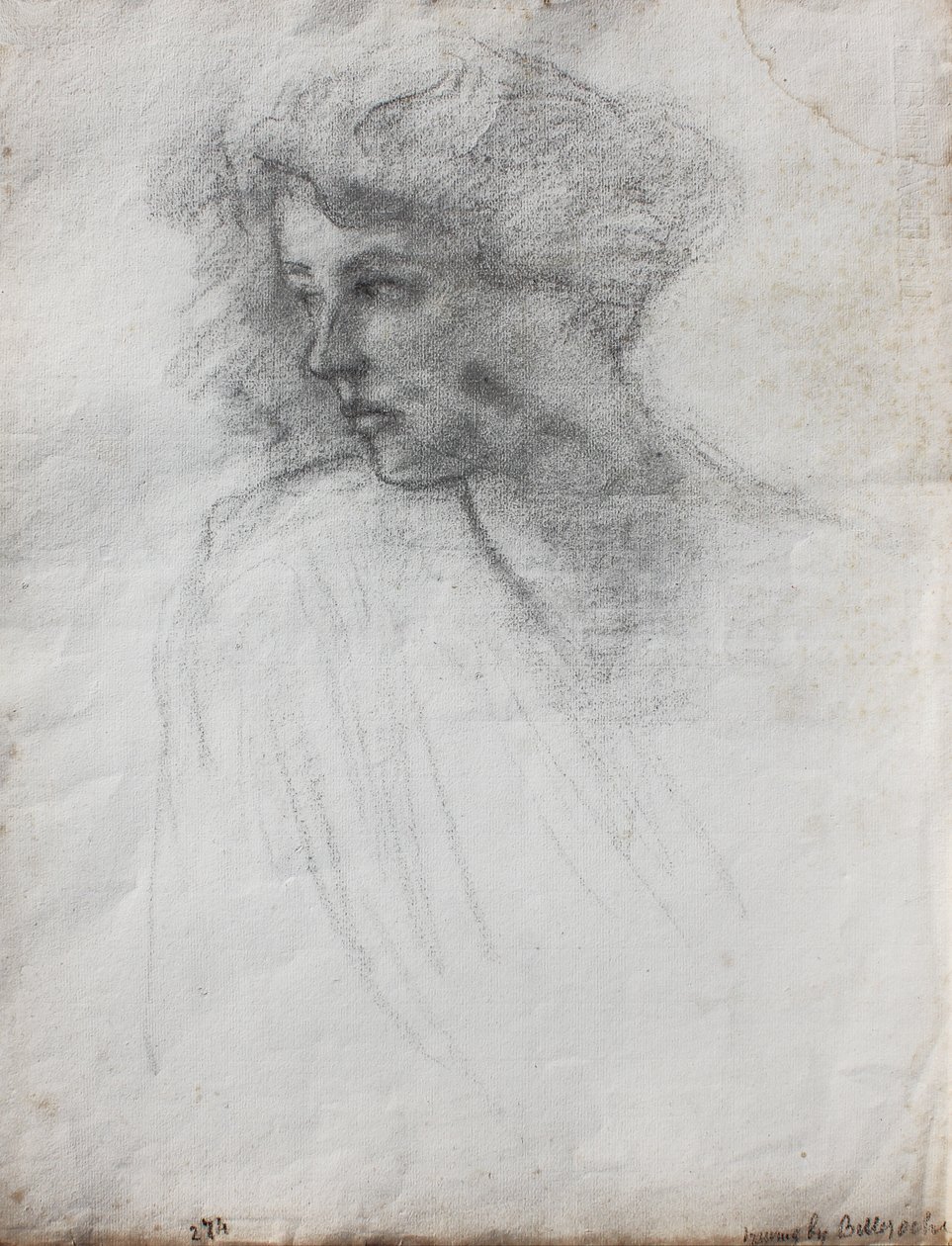 Sanatçının karısının portresi, baş ve omuzlar, dörtte üç görünüm, c.1905 (kağıt üzerine siyah tebeşir) by Albert de Belleroche