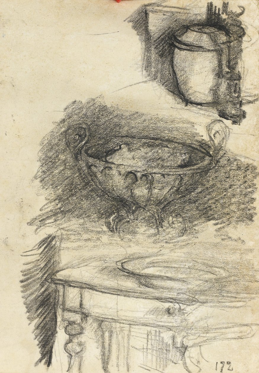 Natürmort mutfak eşyaları, 1890 dolayları (kağıt üzerine siyah tebeşir) by Albert de Belleroche