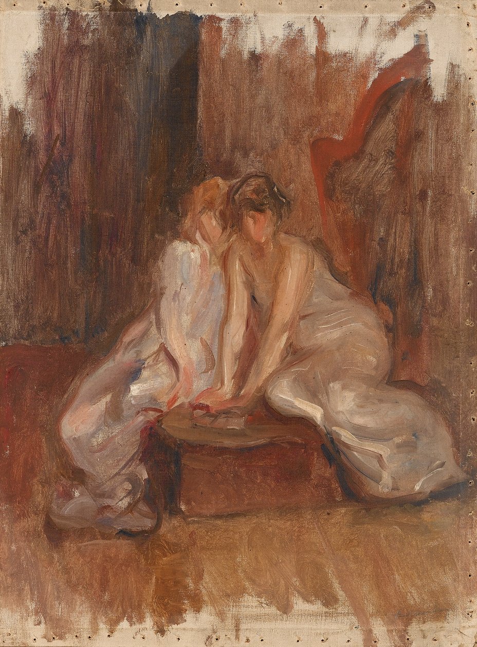 Bir arp tarafından oturan iki kadın - c.1900 by Albert de Belleroche