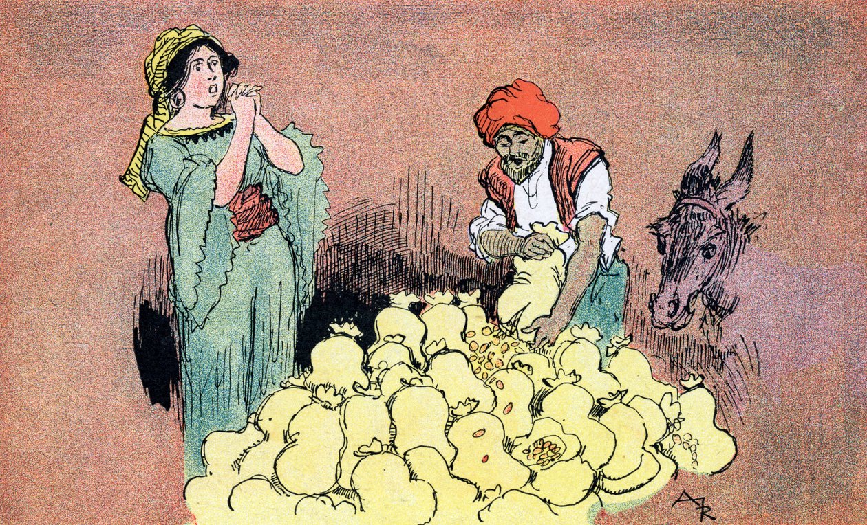 Ali Baba altın keseleri karısına gösteriyor Ali Baba ve Kırk Haramiler 1945 Özel Koleksiyonu için Albert Robida'nın İllüstrasyonu by Albert (after) Robida