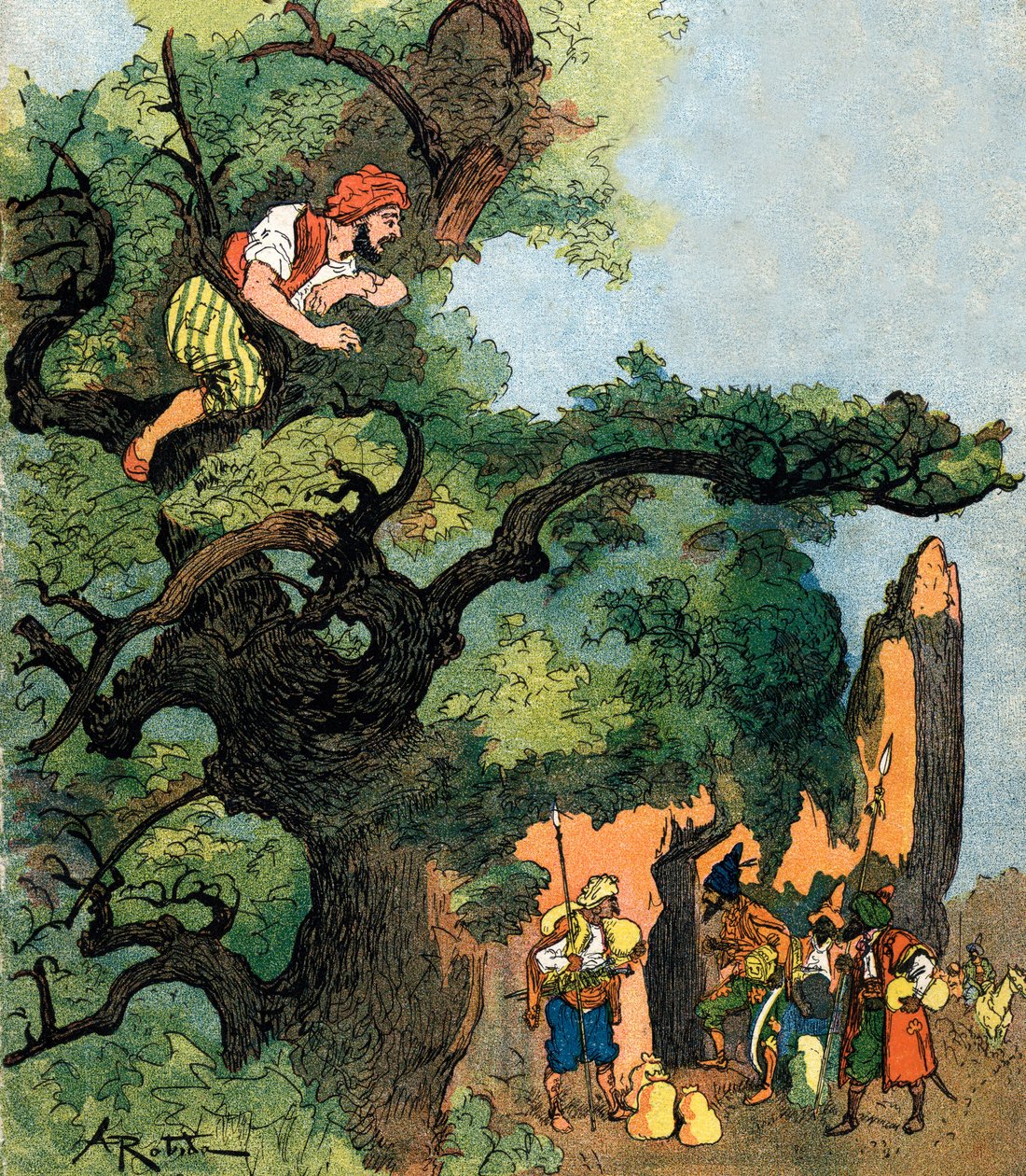 Ali baba, hazine dükkanlarını ziyaret eden kırk hırsızdan oluşan bir gruba kulak misafiri olur İllüstrasyon, Albert Robida, Ali Baba ve Kırk Haramiler için 1945 Özel Koleksiyon by Albert (after) Robida