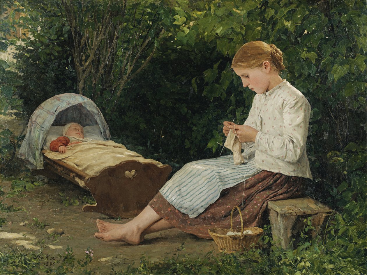 Anker, Albert (1831-1910) tarafından beşikte yürümeye başlayan çocuğu izleyen örgü kız. Tuval üzerine yağlı boya, ebat: 54x70 by Albert Anker