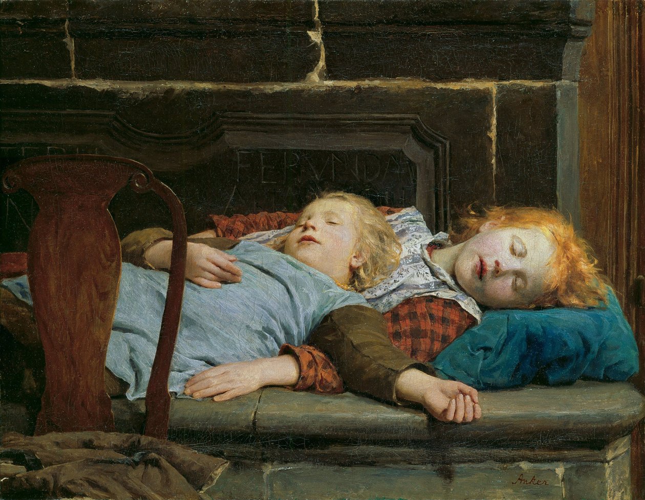 Anker, Albert (1831-1910) tarafından soba tezgahında uyuyan iki kız. Tuval üzerine yağlıboya by Albert Anker
