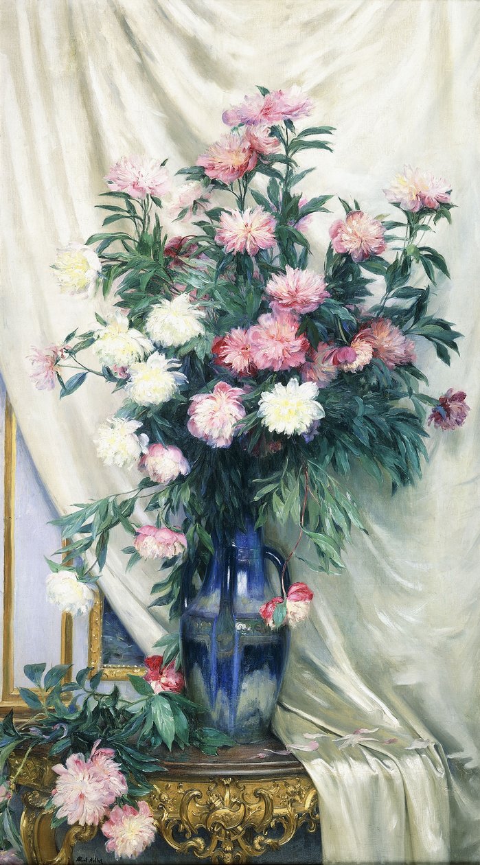 Dökümlü Regency Giltwood Konsol Masasında Mavi Vazoda Şakayık by Albert Aublet