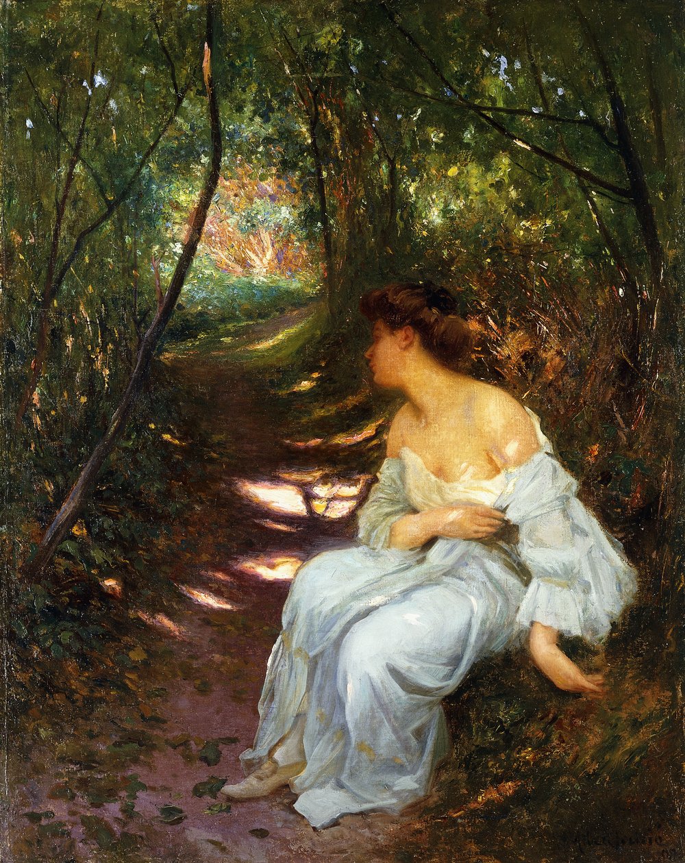 Ağaçlık Bir Yolda Oturan Genç Bir Kadın, 1908 by Albert Auguste Fourie
