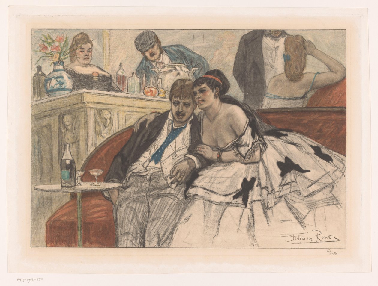 Bir tiyatronun barında kırmızı bir kanepede oturan kadın ve erkek le gandin ivre by Albert Bertrand (attributed to)