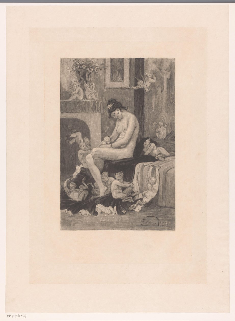 Çıplak kadın bir yatağın kenarında oyun oynayan iblislerle çevrili La sadece aux Satyrions by Albert Bertrand (attributed to)