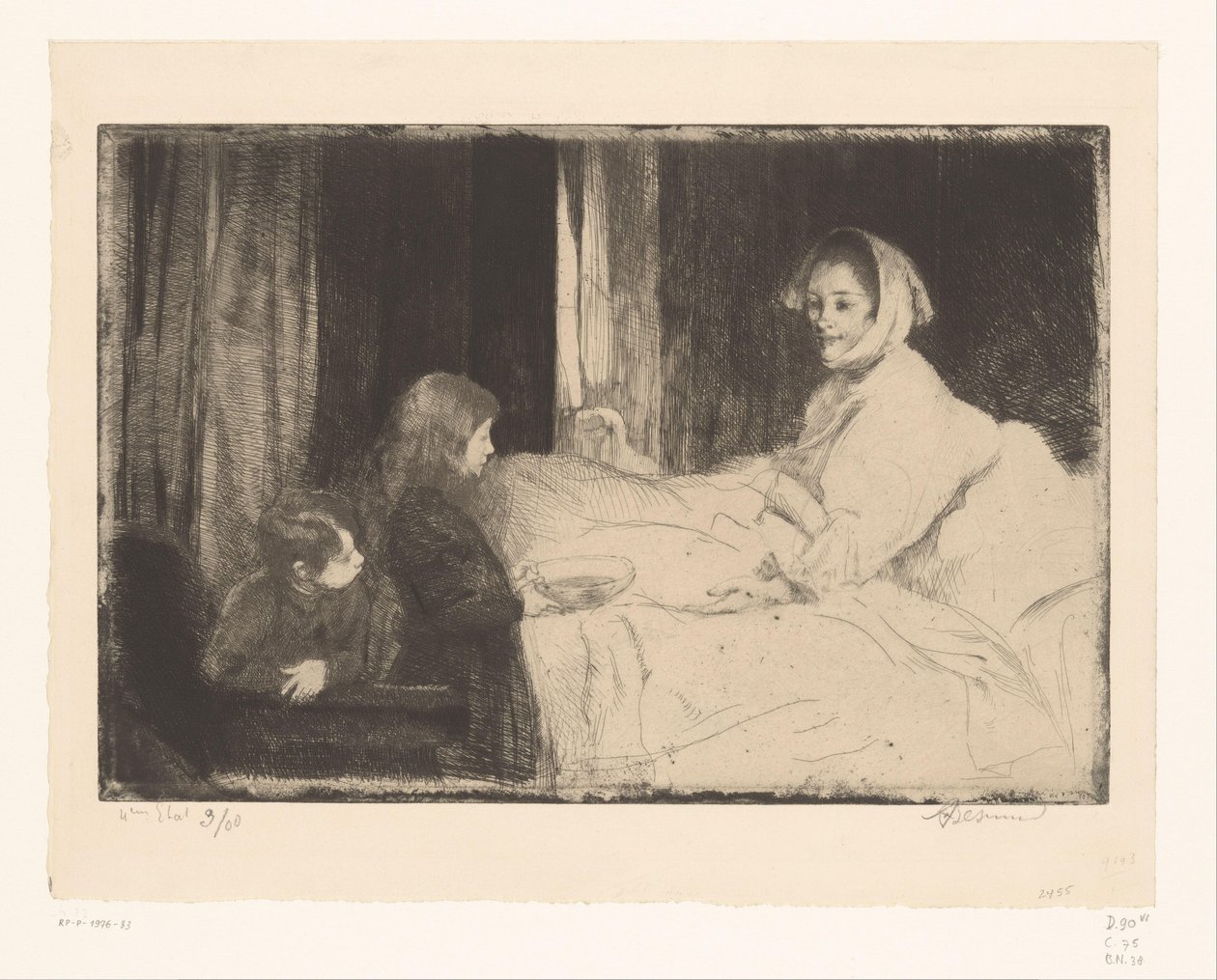 Annelerinin başucundaki çocuklar by Albert Besnard (signed by artist)