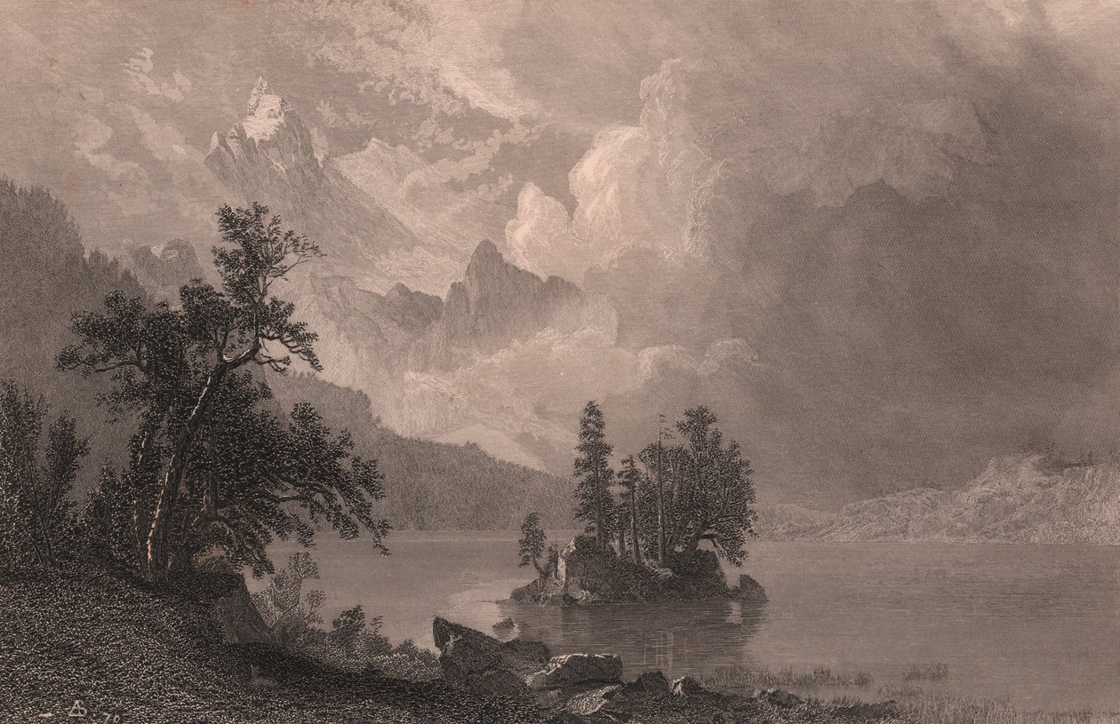 Esther Gölü manzarası, Sierra Nevada, Kaliforniya, Amerika Birleşik Devletleri, Robert Hinshelwood'un (1812-1875'ten sonra) Albert Bierstadt (1830-1902) tarafından çizilen çelik gravürü, yaklaşık 19x14 cm by Albert Bierstadt