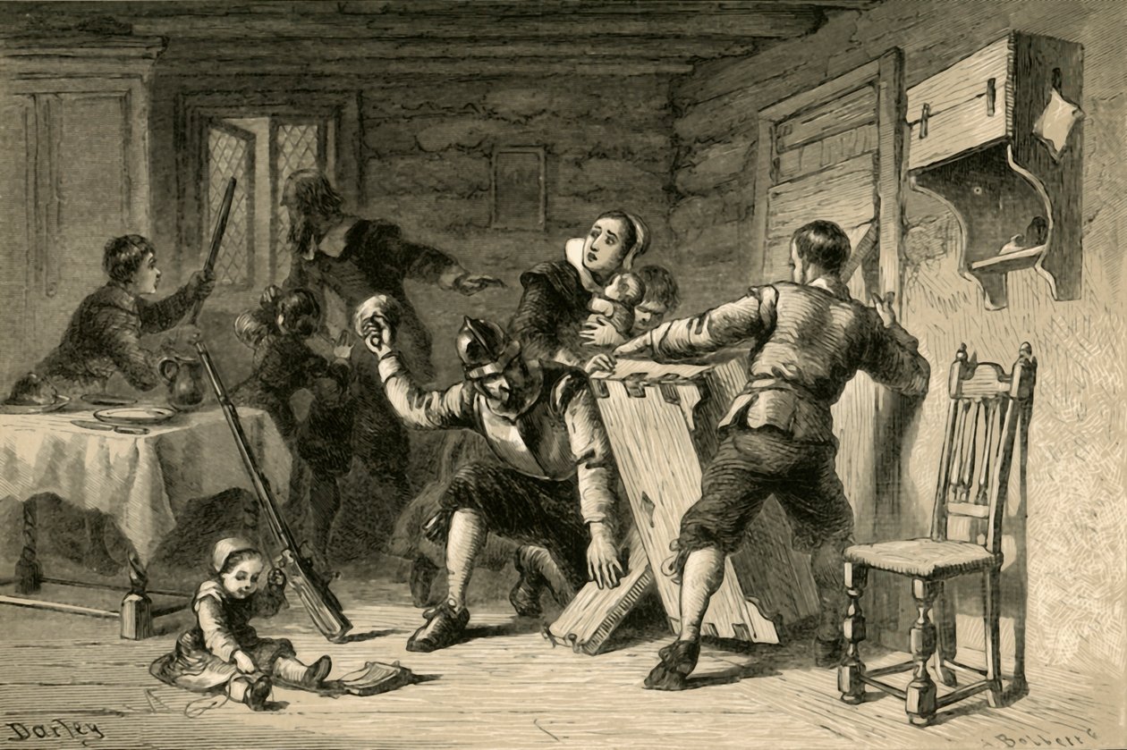 Püritenler, Evlerini Kızılderililere Barikat Kurarken, 1877. by Albert Bobbett