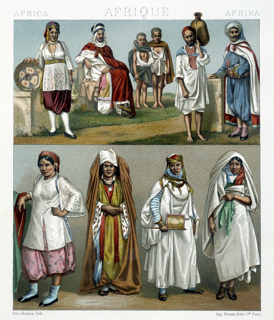 Barbaresk Kostümler (Afrika). Racinet tarafından "" Le kostüm tarihi" "de illüstrasyon by Albert Charles August Racinet
