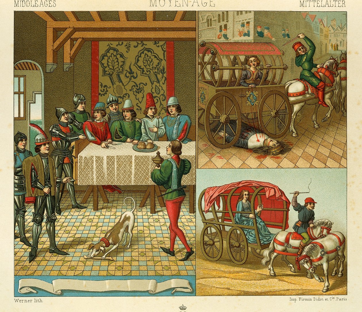 14. Yüzyılda Kale Hayatı ve Ulaşım Araçları, Racinet Auguste tarafından hazırlanan Kostüm Tarihinin Tamamından Bir Örnek by Albert Charles August Racinet