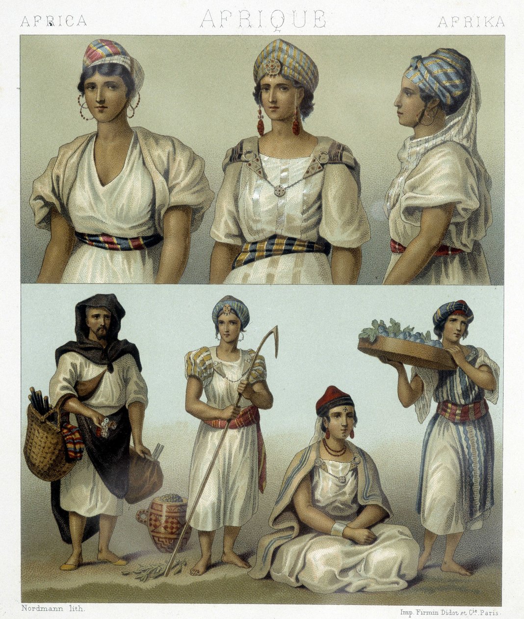 Kabil kadınlarının kostüm ve başlıkları (üstte). Tunus ve Cezayir kostümleri (altta). Racinet tarafından "" Le kostüm tarihi" "de illüstrasyon by Albert Charles August Racinet