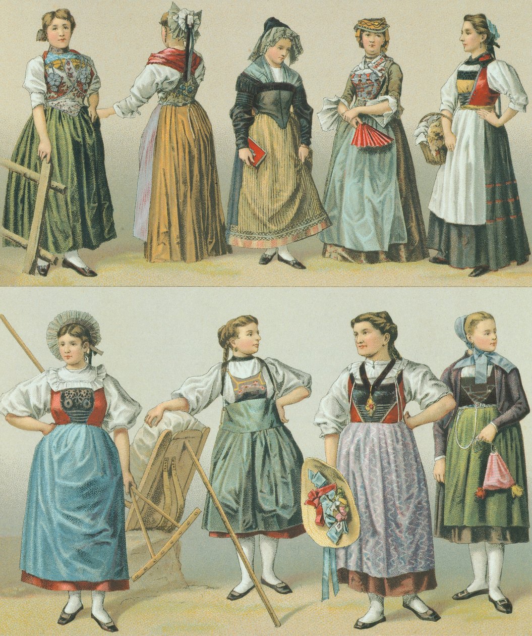 Kantonların Kostümleri, Racinet Auguste tarafından hazırlanan Kostüm Tarihinin Tamamından bir örnek by Albert Charles August Racinet