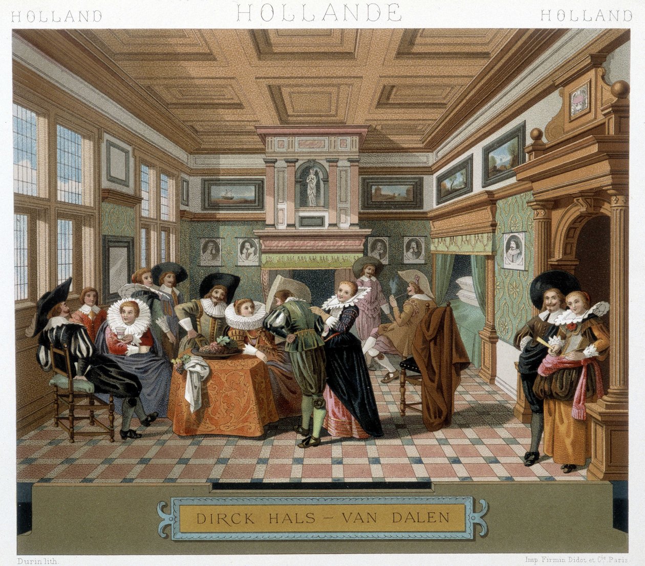 Kostümlerde ve 18. yüzyıldan kalma bir iç mekanda Hollandalı. Racinet tarafından "" Le kostüm tarihi" "de illüstrasyon by Albert Charles August Racinet