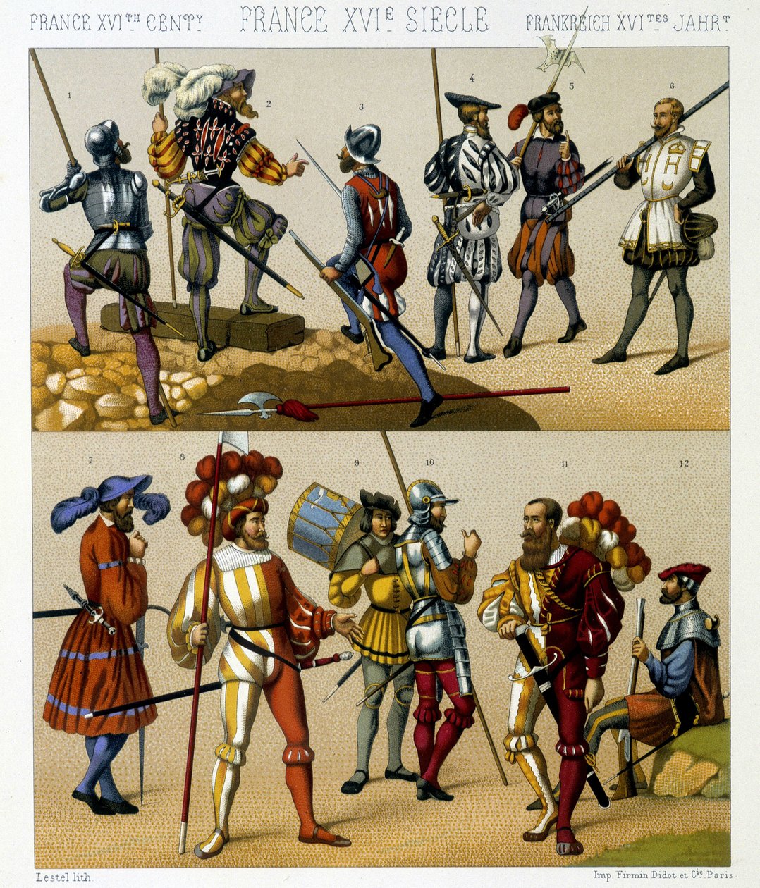 16. yüzyılda Fransız askeri kostümleri. Kromolitografik plaka - Racinet tarafından “” Le kostüm tarihi”nde by Albert Charles August Racinet